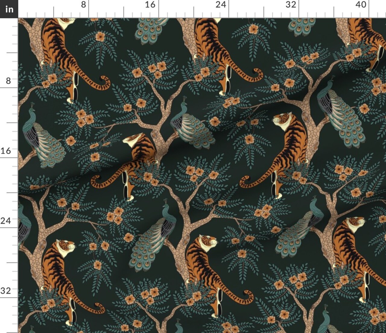 Tiger Chinoiserie Bengal Peacock Asian Inspired Dark Teal Orange Romantic Floral Victorian Custom Printed Fabric by Spoonflower Various Fabrics by the Yard or Fat Quarter